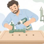 治具を使って扉に取っ手を取り付ける様子をイメージしたイラスト