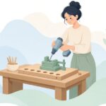 ポケットホールジグで木材に斜め穴をあける家具作りをイメージしたイラスト