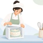 ケーキボックスにケーキを詰める洋菓子職人の様子をイメージしたイラスト