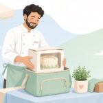 ケーキを保冷バッグに入れて出張販売する様子をイメージしたイラスト