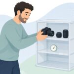 カメラとレンズをカビから守って保管する様子をイメージしたイラスト