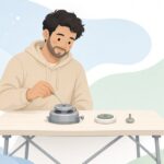 キャンプバーナーのノズルを清掃針で掃除する様子をイメージしたイラスト