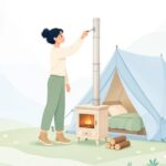 薪ストーブの煙突ダンパーを調整する様子をイメージしたイラスト