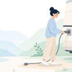 キャンピングカーの外部電源ソケットにプラグを差す様子をイメージしたイラスト