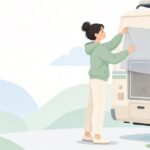 キャンピングカーの冷蔵庫排気口にメッシュを付ける様子をイメージしたイラスト