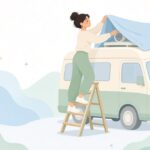 キャンピングカーのルーフベントに雨よけカバーを付ける様子をイメージしたイラスト