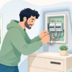 キャンピングカーのヒューズ配電盤を配線する様子をイメージしたイラスト