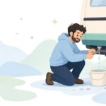 キャンピングカーの給水配管から水抜きプラグで水を抜く様子をイメージしたイラスト