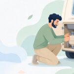 キャンピングカーのウォーターポンプにアキュムレーターを付ける様子をイメージしたイラスト
