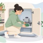 キャンピングカーのウォーターポンプに防振マウントを付ける様子をイメージしたイラスト