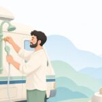 キャンピングカーの外部シャワーに接続アダプターを取り付ける様子をイメージしたイラスト