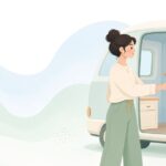 キャンピングカーのドアをラッチで固定する様子をイメージしたイラスト