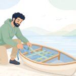 カヌーのシートをウェビングテープで張り替える様子をイメージしたイラスト