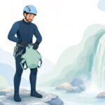 キャニオニング用ハーネスにシートプロテクターを装着する様子をイメージしたイラスト