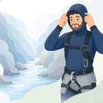 キャニオニング用ネオプレンフードをかぶる様子をイメージしたイラスト