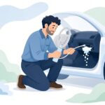 カーエアコンのエバポレーターを延長チューブで洗浄する様子をイメージしたイラスト