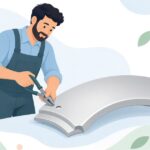 車のボディパネルをフランジプライヤーで加工する様子をイメージしたイラスト