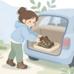 車中泊で靴を靴置きトレーに置く様子をイメージしたイラスト