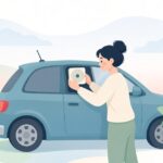 車中泊で窓用換気扇を取り付ける様子をイメージしたイラスト