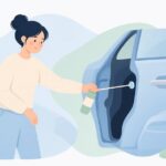 車のドア内部にキャビティワックスをノズルで吹き付ける様子をイメージしたイラスト