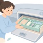 車のグローブボックスを収納トレーで整理する様子をイメージしたイラスト