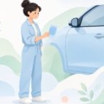 スプレーアウトカードで車の塗装色を見比べる様子をイメージしたイラスト