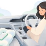車のシートの隙間をクッションで埋めて落下を防ぐ様子をイメージしたイラスト
