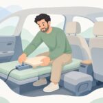 車中泊用の後部座席延長ボードを設置する様子をイメージしたイラスト