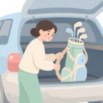 車のトランクにゴルフバッグを固定する様子をイメージしたイラスト