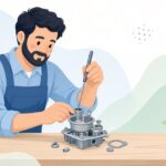 専用工具でキャブレターのフロートバルブシートを交換する様子をイメージしたイラスト