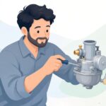 キャブレターのパイロットスクリューを調整する様子をイメージしたイラスト