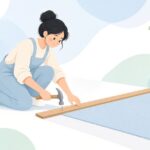タックストリップを壁際に打ち付けるカーペット施工の様子をイメージしたイラスト