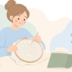 本を参考にカサルグイディ刺繍をする様子をイメージしたイラスト