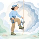 ケイビング用フットアッセンダーをストラップで固定する様子をイメージしたイラスト