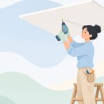 天井に石膏ボードをビスで留める様子をイメージしたイラスト