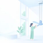 吹き抜けのシーリングファンに届かないをイメージしたイラスト