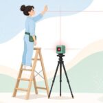 レーザー墨出し器で天井下地の基準線を出す内装職人の様子をイメージしたイラスト