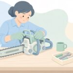 チェーンソーのチェーンブレーキを点検する様子をイメージしたイラスト