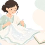 本を見ながらチカン刺繍をする様子をイメージしたイラスト