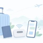 中国旅行に向けてポケットWiFiとスマホを準備するイラスト