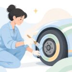 サーキット用ブレーキディスクに温度塗料を塗る様子をイメージしたイラスト
