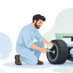 サーキットでタイヤ空気圧をブリードバルブで調整する様子をイメージしたイラスト