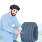 針式タイヤ温度計でタイヤの温度を測る様子をイメージしたイラスト