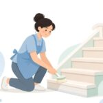 階段の巾木を小さなブラシで掃除する様子をイメージしたイラスト