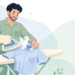 アイロンミトンを使ってシャツを仕上げるクリーニング職人の様子をイメージしたイラスト