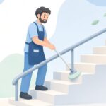 ハンディモップで階段を清掃する様子をイメージしたイラスト