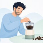 コーヒーミルの挽き目調整ダイヤルを交換する様子をイメージしたイラスト