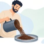 コーヒー豆をサンプルパンで確認する様子をイメージしたイラスト