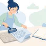 本を参考にコログラフ版画を刷る様子をイメージしたイラスト