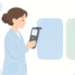 色差計で製品の色の違いを確認する様子をイメージしたイラスト